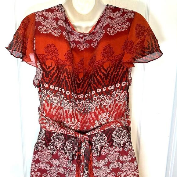 Coldwater Creek 100% Silk Dress Midi Dress Sz 14 flutter sleeve Red Orange Boho - Picture 3 of 4